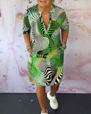 Women's Wave Print Midi – V Neck Short Sleeve Pocket Casual Everyday Dress