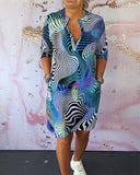 Women's Wave Print Midi – V Neck Short Sleeve Pocket Casual Everyday Dress