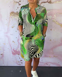 Women's Wave Print Midi – V Neck Short Sleeve Pocket Casual Everyday Dress