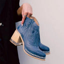 Women's Western Ankle Boots – Block Heel Studded Sole Stitched Panel Booties