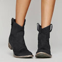 Women's Western Cowboy Ankle Boots – Pointed Toe Matte Napped Upper Low Stacked Heel