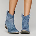 Women's Western Cowboy Ankle Boots – Pointed Toe Matte Napped Upper Low Stacked Heel