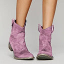 Women's Western Cowboy Ankle Boots – Pointed Toe Matte Napped Upper Low Stacked Heel