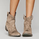 Women's Western Cowboy Ankle Boots – Pointed Toe Matte Napped Upper Low Stacked Heel