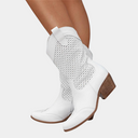 Women's Western Cowboy Mid Calf Boots – Pointed Toe Perforated Shaft Stacked Block Heel