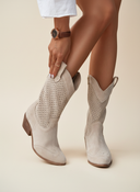 Women's Western Cowboy Mid Calf Boots – Pointed Toe Perforated Shaft Stacked Block Heel