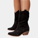 Women's Western Cowboy Mid Calf Boots – Pointed Toe Perforated Shaft Stacked Block Heel