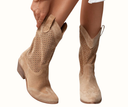 Women's Western Cowboy Mid Calf Boots – Pointed Toe Perforated Shaft Stacked Block Heel