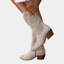 Women's Western Cowboy Mid Calf Boots – Pointed Toe Perforated Shaft Stacked Block Heel