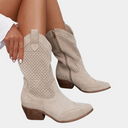 Women's Western Cowboy Mid Calf Boots – Pointed Toe Perforated Shaft Stacked Block Heel