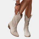 Women's Western Cowboy Mid Calf Boots – Pointed Toe Perforated Shaft Stacked Block Heel
