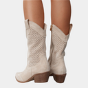 Women's Western Cowboy Mid Calf Boots – Pointed Toe Perforated Shaft Stacked Block Heel