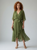 Women's Wrap V Neck Midi – Draped Bodice Elbow Sleeve Wedding Guest Dress