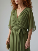 Women's Wrap V Neck Midi – Draped Bodice Elbow Sleeve Wedding Guest Dress