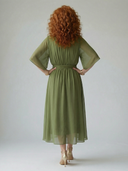 Women's Wrap V Neck Midi – Draped Bodice Elbow Sleeve Wedding Guest Dress