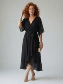 Women's Wrap V Neck Midi – Draped Bodice Elbow Sleeve Wedding Guest Dress