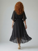Women's Wrap V Neck Midi – Draped Bodice Elbow Sleeve Wedding Guest Dress