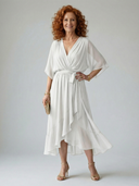 Women's Wrap V Neck Midi – Draped Bodice Elbow Sleeve Wedding Guest Dress
