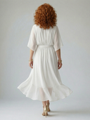 Women's Wrap V Neck Midi – Draped Bodice Elbow Sleeve Wedding Guest Dress