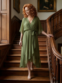 Women's Wrap V Neck Midi – Draped Bodice Elbow Sleeve Wedding Guest Dress