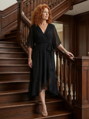 Women's Wrap V Neck Midi – Draped Bodice Elbow Sleeve Wedding Guest Dress