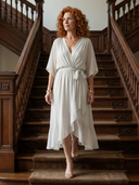 Women's Wrap V Neck Midi – Draped Bodice Elbow Sleeve Wedding Guest Dress