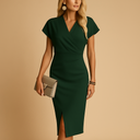 Women's Wrap V Neck Midi Dress – Cap Sleeve Ruched Bodycon Front Split