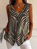 Women's Zebra Print Sleeveless Blouse – V Neck Button Front Tank Top
