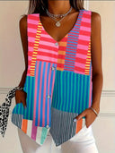 Women's Zebra Print Sleeveless Blouse – V Neck Button Front Tank Top